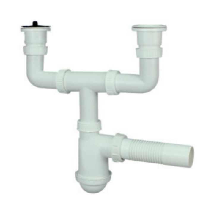 Сифон за мивка Inter-Sano, 2 отделения, поливинилхлорид, бял