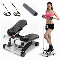 Stepper reglabil cu corzi, mini stepper multifunctional, sistem hidraulic silentios, pedale si manere antiderapante, display digital, compact 40x30x20cm, greutate maxima 330LB, Alb-Negru