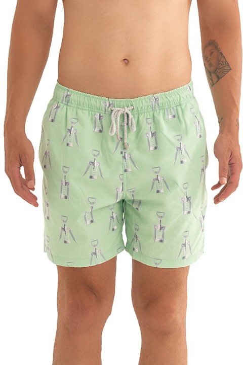 Just Like You, Pantaloni scurti de baie cu model si snur, Gri deschis/Verde pal