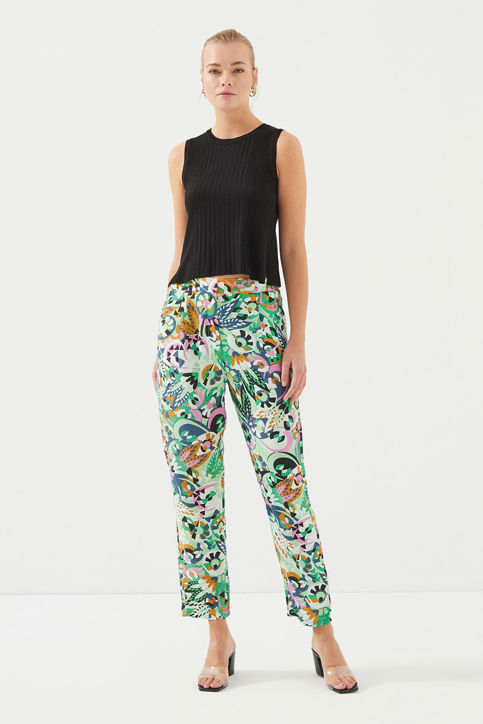Just Like You, Pantaloni drepti crop cu model, Verde pal, 36