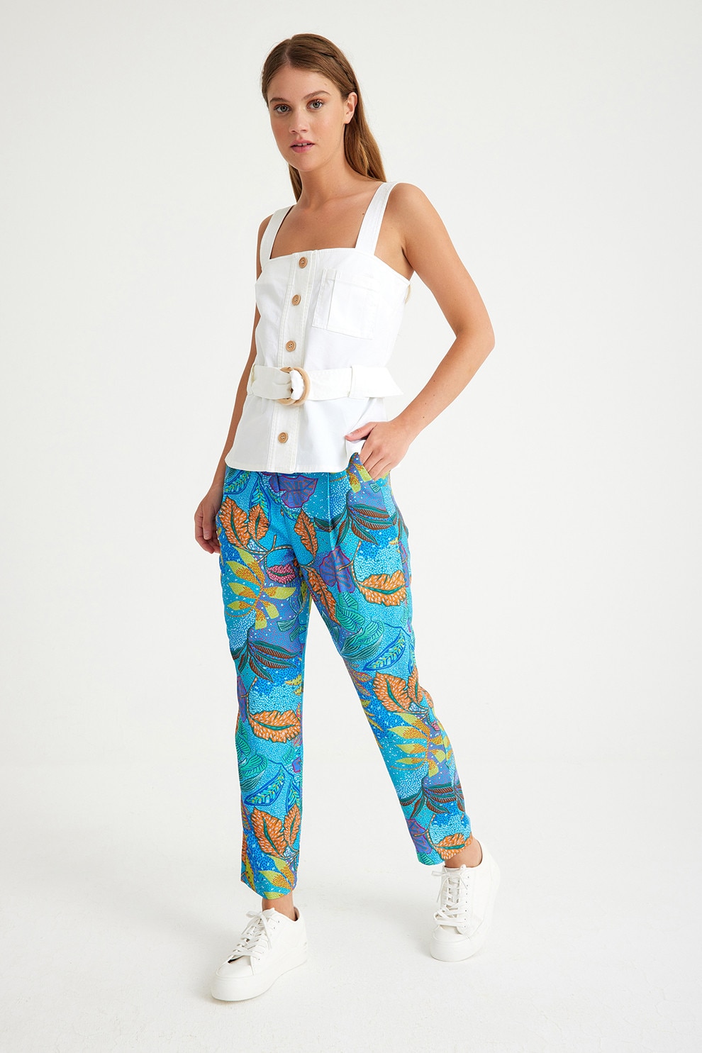 Just Like You, Pantaloni drepti cu talie medie si model, Verde, Portocaliu pal, Albastru royal, 36