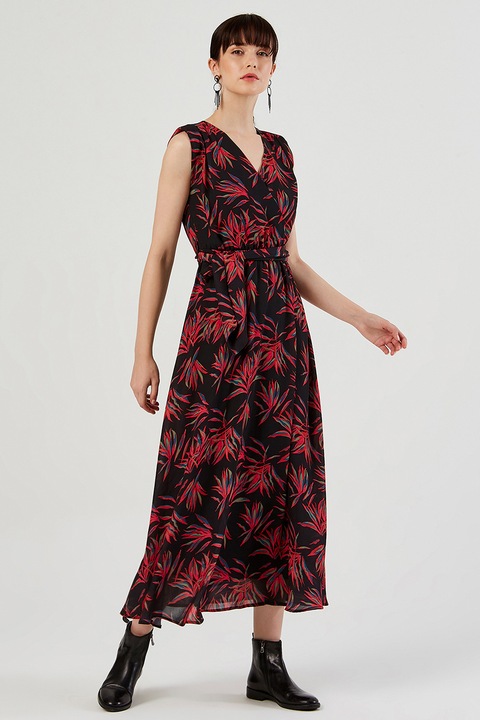 Just Like You, Rochie cu cordon asortat in talie, imprimeu si decolteu in V, Rosu/Verde/Negru