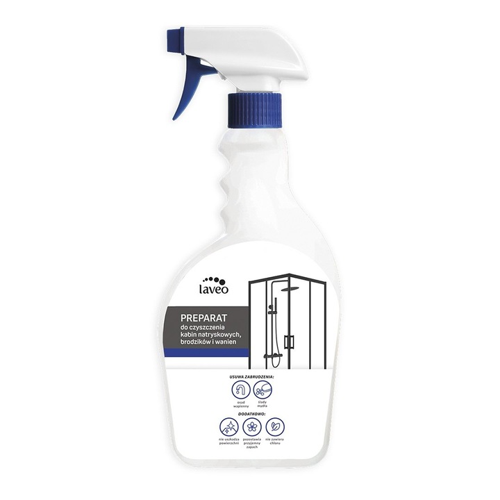 Laveo tisztítószer zuhanykabinokhoz és kádakhoz, 500 ml, hatékony a vízkő és a rozsda ellen, kellemes illatú