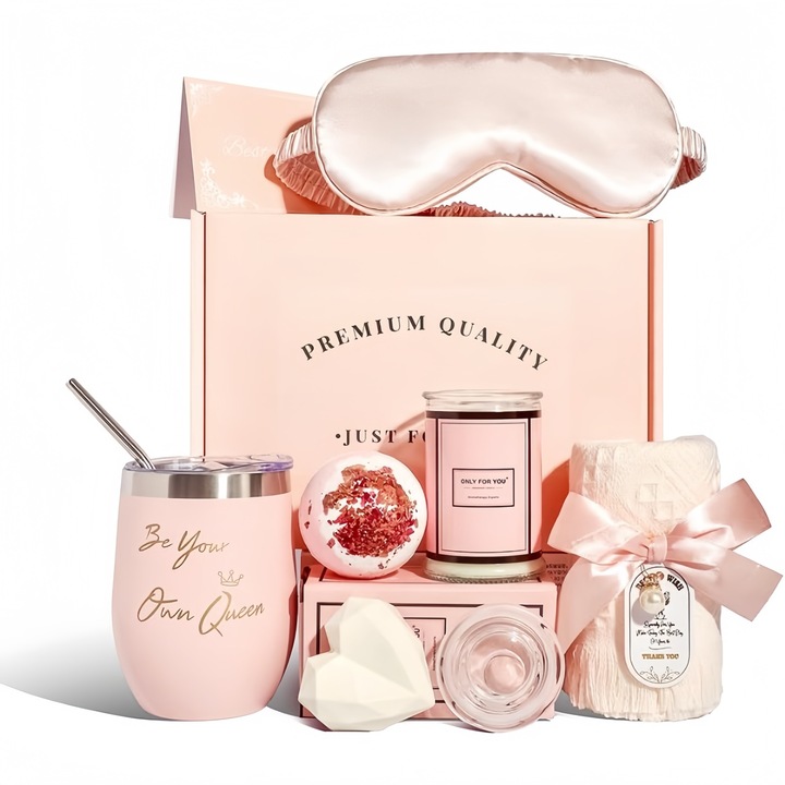 Set cadou pentru femei, 8 piese cutie cadou, cana termos din inox, bomba de baie, lumanare parfumata, prosop, cadou relaxant pentru valentine, ziua mamei, craciun, roz inschis