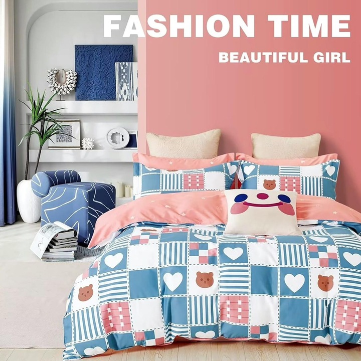 6 darabos franciaágynemű, Perkál 100% pamut, 6 darab, matrachuzattal (160x200 vagy 180x200 cm), paplanhuzattal (200x230 cm), 2 db 50x70 cm-es és 70x70 cm-es párnahuzattal, Rózsaszín / Kék Medve, Pucioasa