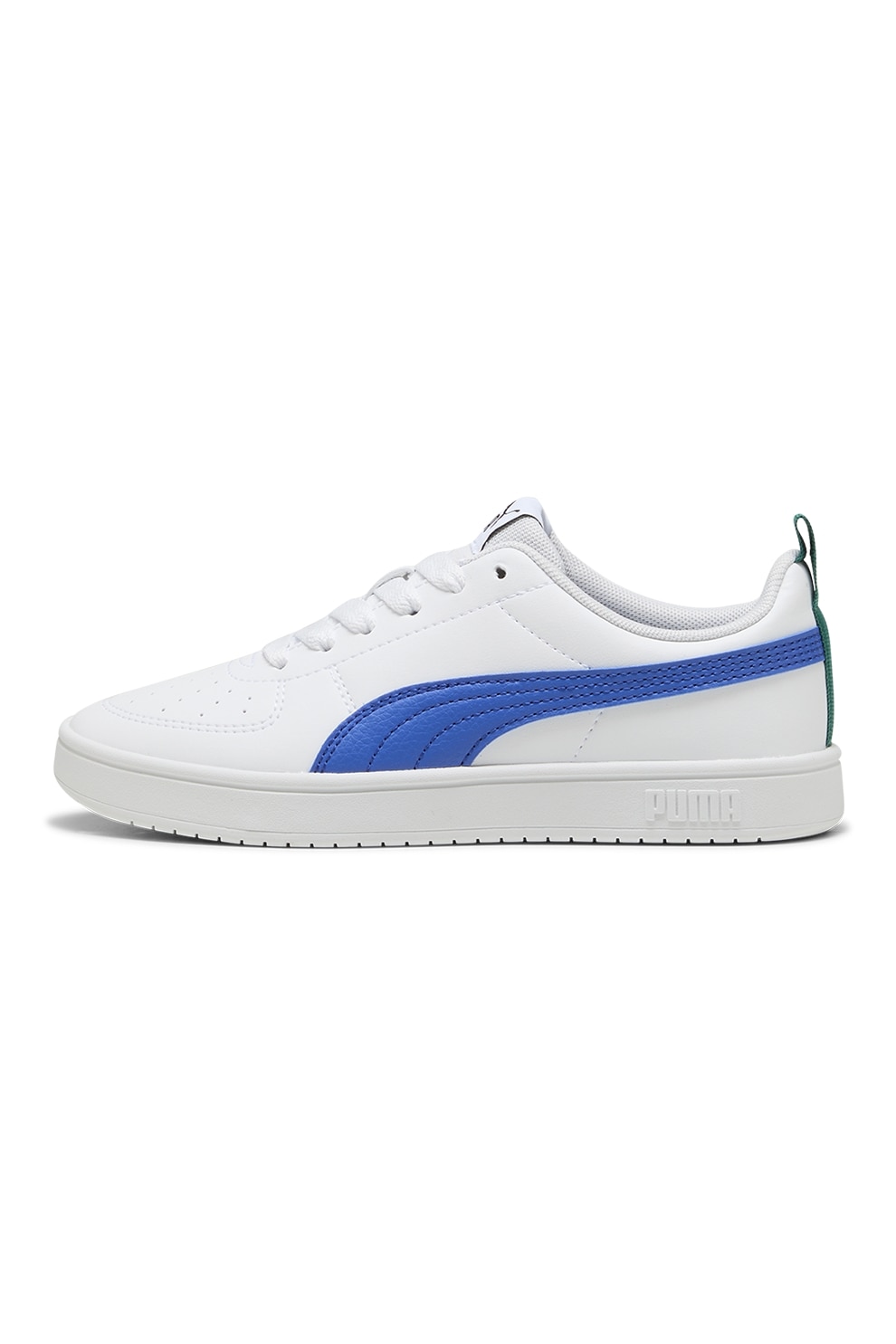 Puma, Pantofi sport Rickie low-cut din piele ecologica cu perforatii, Alb, Verde englez, Albastru indigo, 36 EU
