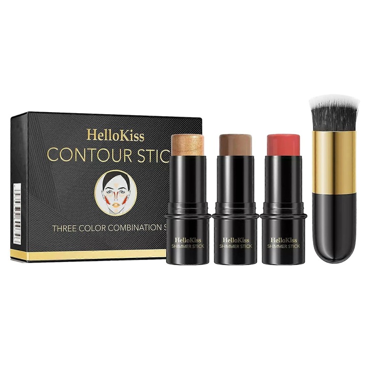 Set 3 Stickuri contur crem, Hellokiss, Iluminator / Blush / Bronzer, Multicolor