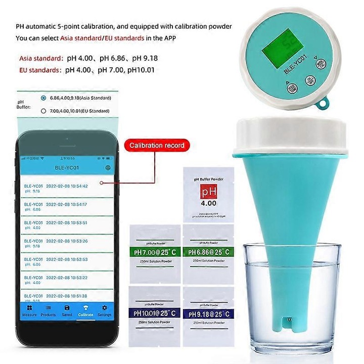 6 az 1-ben detektor vízhez, pH, ORP, klór, EC, TDS mérés, Bluetooth, LCD, kalibrálás, méretek 0.1-14 pH, 0-1999us/cm