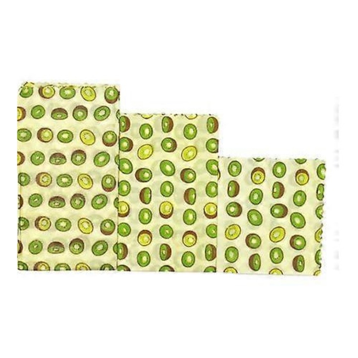 Set 3 Folii reutilizabile, Ceara de albine, 36 x 33 x 0.2 cm / 28 x 25 x 0.2 cm / 20 x 18 x 0.2 cm, Model Kiwi, Verde