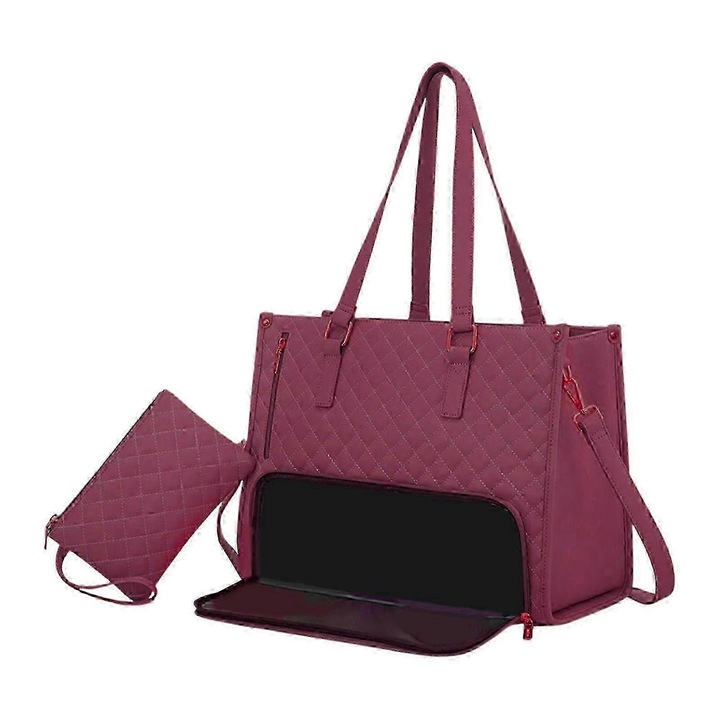 Geanta tote pentru femei, rosie, cu compartimente pentru laptop de 15.6 inch si mancare, dimensiuni 42.6x16.4x62.5cm, set cu portofel.