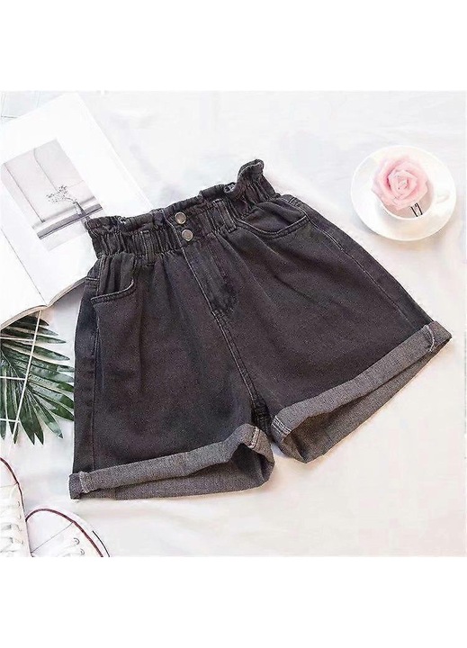 Női farmer rövidnadrág, harem stílusú, magas derék, fodros, fekete, poliészter