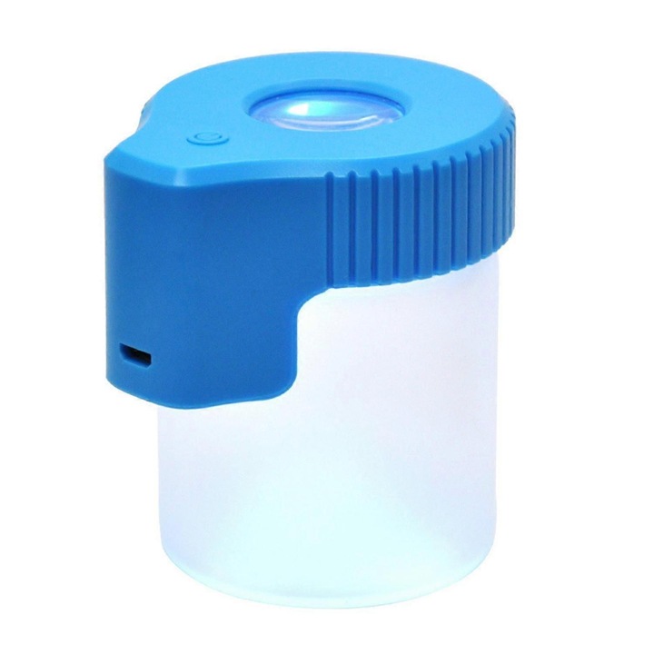 Borcan etans sticla cu LED iluminat, USB reincarcabil, albastru, 6.5x8.3cm