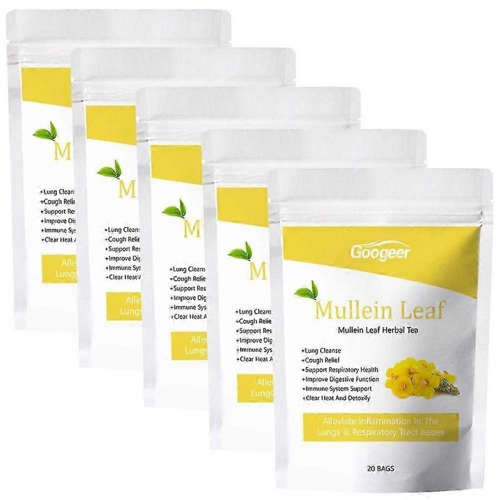 Ceai din frunze de Mullein, set de 5 pachete, curatare usoara a plamanilor, sanatate respiratorie, fara coloranti artificiali