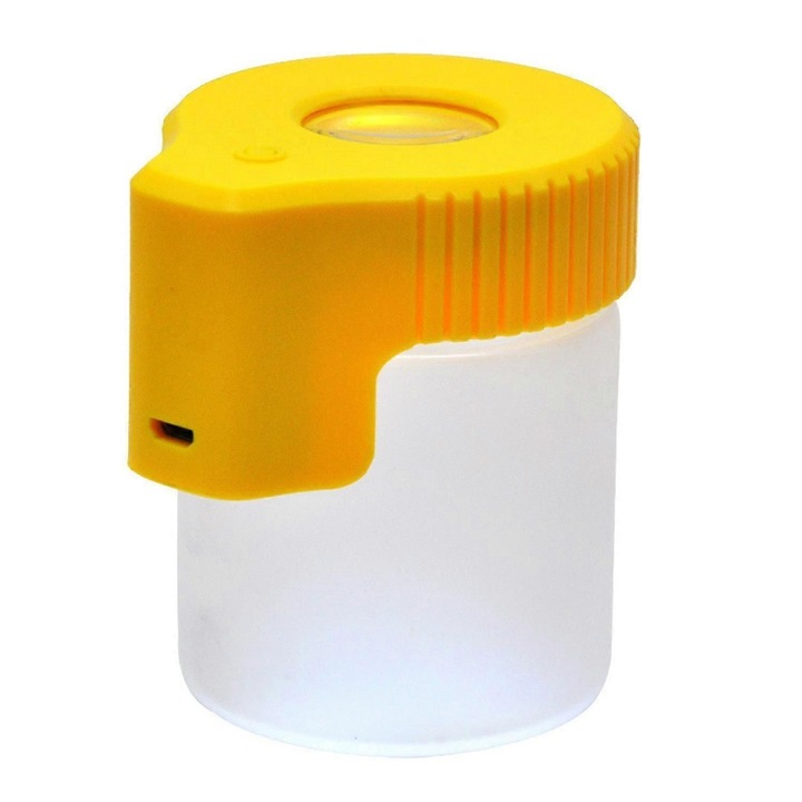Borcan etans sticla, iluminat LED, USB reincarcabil, cu lupa, galben, 6.5x8.3cm