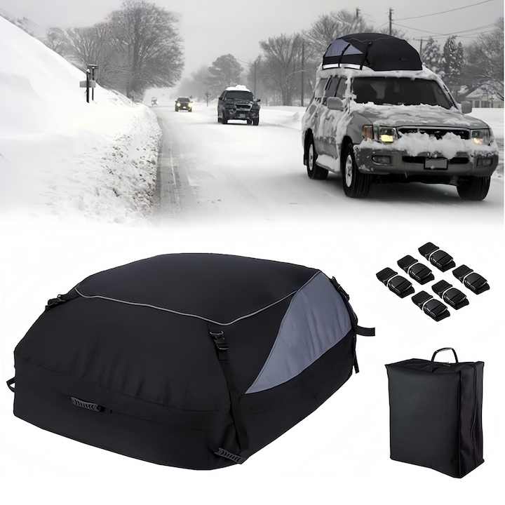 Автомобилен багажник за покрив, багажник тип чанта, текстилен, 100% защита от атмосферни влияния, сгъваем, преносим, с регулируемо универсално захващане, за всякакъв размер кола или SUV, 130×100×45см, черен