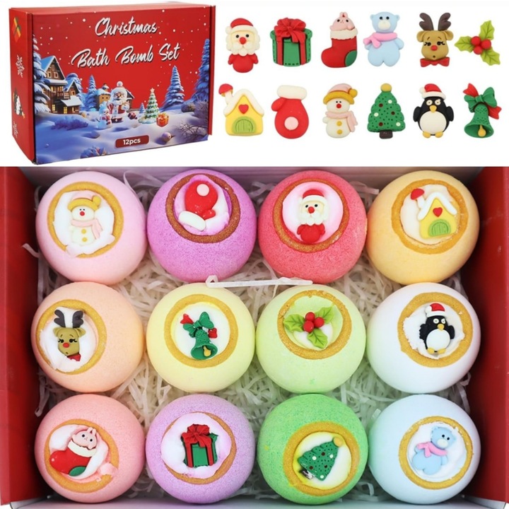 12 db pezsgő fürdőgolyó készlet különböző illatokkal és színekkel, Bath Bombs, meglepetés játékokkal, természetes illattal, allergénmentes