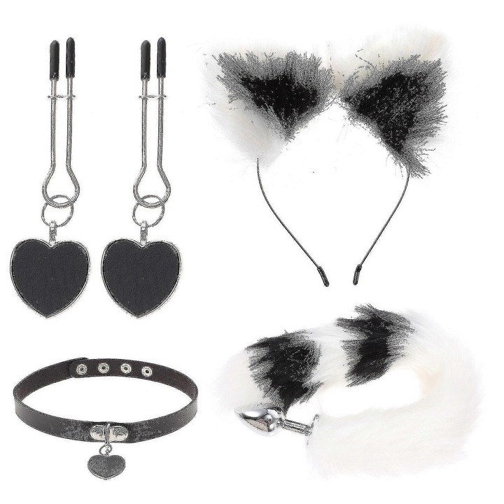 Set accesorii cosplay cu coada si urechi, negru si alb, dimensiuni variate