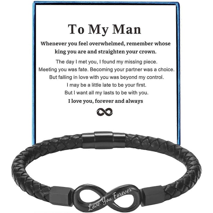 Bratara din piele pentru barbati, set, 8.5"-9.5", neagra, cu inchidere magnetica