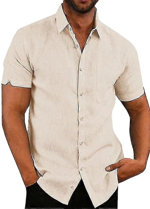 Férfi ing, hétköznapi, csíkos, bézs, textil anyag, rövid ujjú, tavasz/nyár