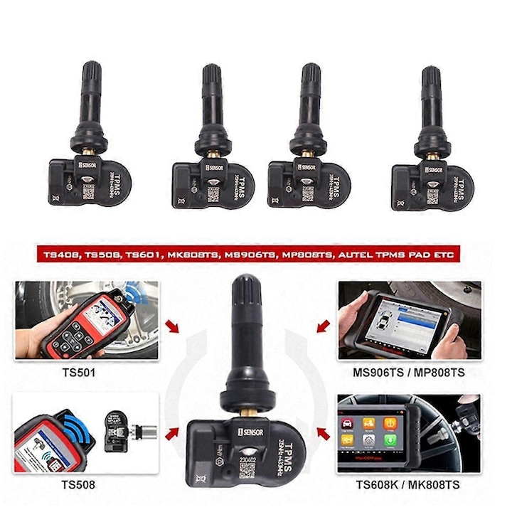 Set 4 senzori de presiune pentru anvelope TPMS, programabili, 315MHz/433MHz, negru, metal+plastic