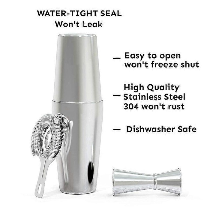 Set shaker cocktail 4 piese, argintiu, din otel inoxidabil, cu 2 pahare si jigger