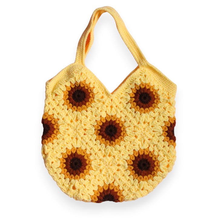 Virágmintás horgolt táska akrilszálból, granny négyzetekkel, Mirinka, kézzel készített, 37 cm