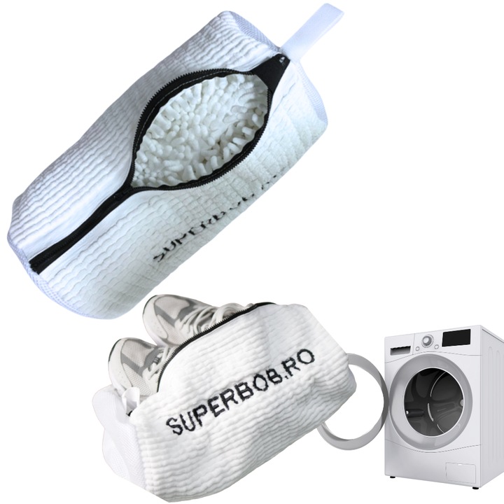 Set 2x Sac pentru spalat incaltamintea SUPERBOB in masina de spalat, fibra moale pentru protectie incaltaminte, material rezistent, 39 cm lungime, alb