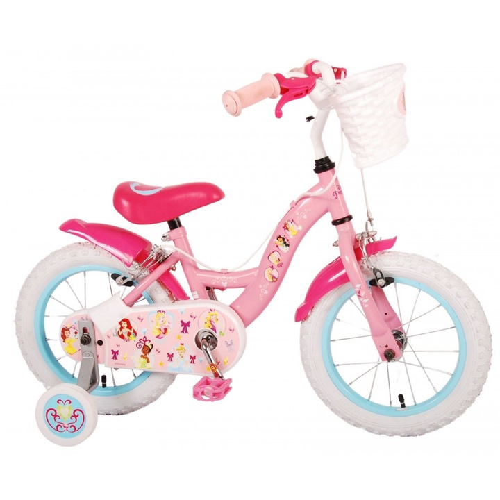 Bicicleta pentru copii E&L Disney Princess 14 inch Pink ND, frana de mana pe ambele roti, scaun si ghidon reglabil, spite metalice, roti gonflabile, stopuri reflectorizante