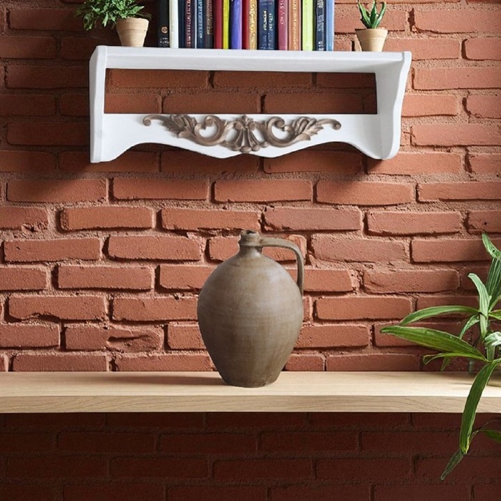 Etajera alba si ornament bronz antichizat de lemn, pictata manual, lungime 60 cm