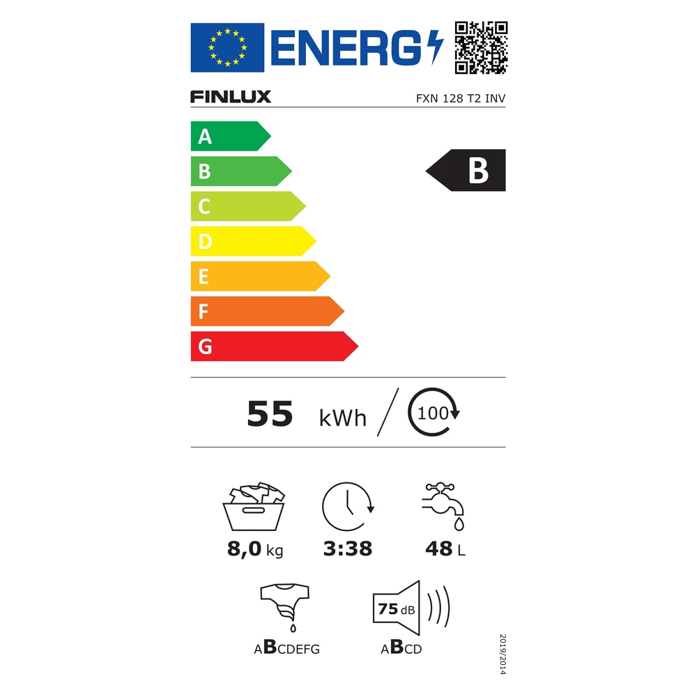 Masina de spalat rufe Finlux FXN 128T2 INV, Motor inverter, Start intarziat, 15 programe, 8 Kg, 1200 rpm, Clasa B, alba