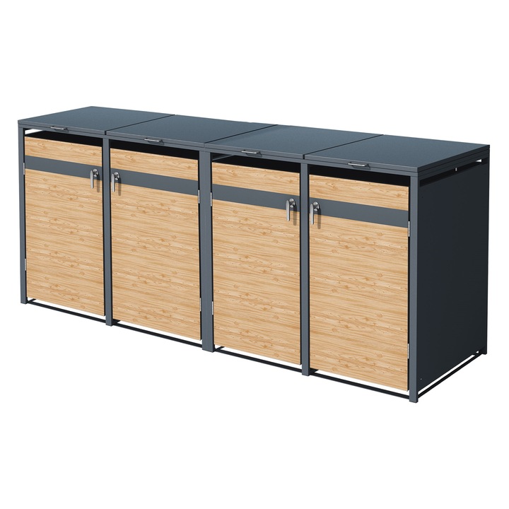 Masca pentru 4 pubele ML-Design 132x80x116,3 cm capacitate 240 L aspect de lemn larice antracit, mobilier din otel rezistent la intemperii tomberon adapost exterior cutie cosuri de gunoi cu capac, usa rabatabila si sistem de blocare