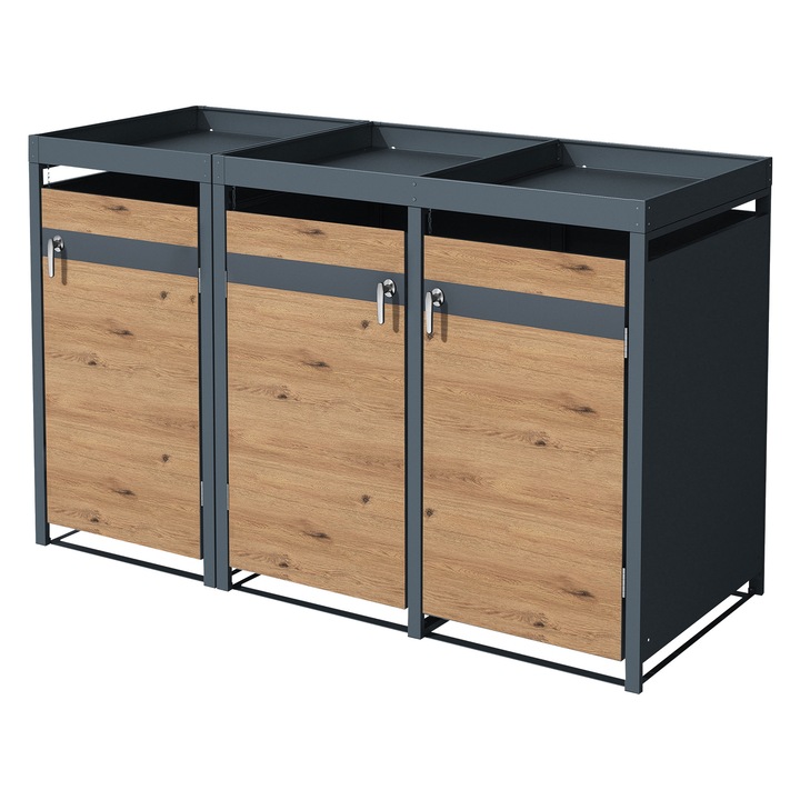 Masca pentru 3 pubele ML-Design 200x80x124cm capacitate 240 L aspect stejar antracit, mobilier din otel rezistent la intemperii tomberon adapost exterior cosuri de gunoi cu acoperis vegetal, usa rabatabila si incuietoare