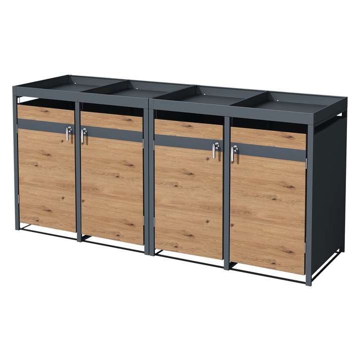 Masca pentru 4 pubele ML-Design 132x80x124cm capacitate 240 L aspect de lemn larice mobilier din otel rezistent la intemperii tomberon adapost exterior cutie cosuri de gunoi cu capac, usa rabatabila si sistem de blocare