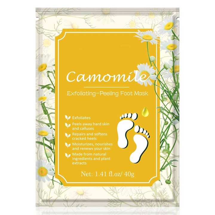 Kamillás hámlasztó zokni lábra, mélyreható helyreállításra és puha sarokra