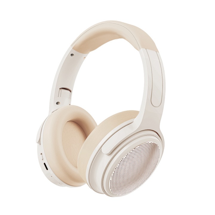 Vezeték nélküli fejhallgató, fejre helyezhető, Bluetooth 5.4, 3,5 mm-es audio interfész, HD hangminőség, külső hangszóró, sztereó, összecsukható, 1100 mAh, USB, fehér-sárga