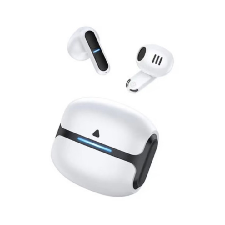 Casti Audio, fara fir, Bluetooth 5.3, Microfon, Touch control, Noise Cancelling, Bass puternic, Mod gaming cu efect dinamic, Carcasa magnetica, Rezistente la apa, Latenta redusa, Alb