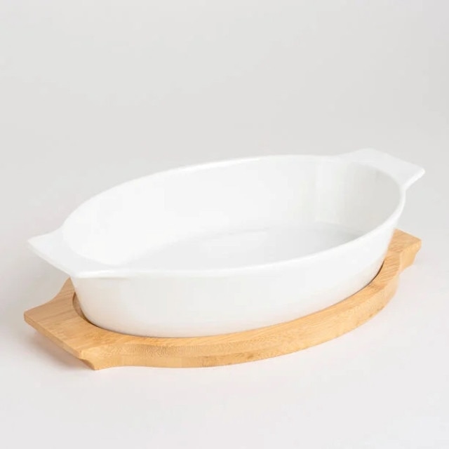 Tava Ovala si Baza, Ceramica si Lemn, 21, 5x6cm, Alb - eMAG.ro