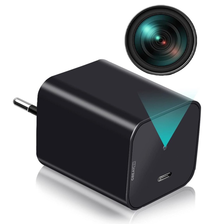 Захранване за скрита камера GREATON, порт Type-C, зарядно устройство със шпионско устройство, лесен за инсталиране, Full HD, нощно виждане, сензор за движение, връзка с телефонно приложение, черен