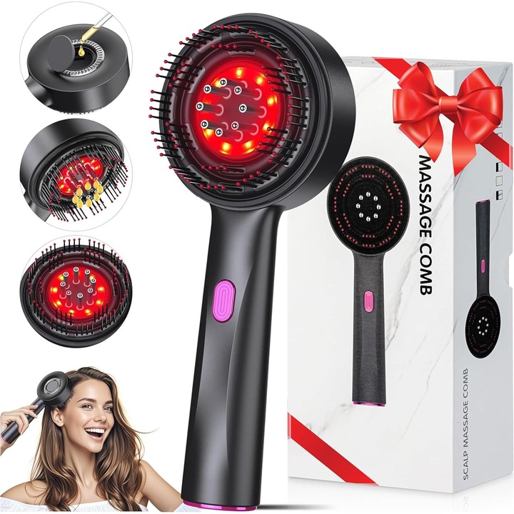 Perie Electrica cu Masaj pentru Scalp, AKKEE, 3 moduri de masaj, Terapie LED infrarosu, Portabila, Aplicator de tratamente si uleiuri esentiale, Hidratarea scalpului, Reduce caderea parului si stimuleaza cresterea, Negru