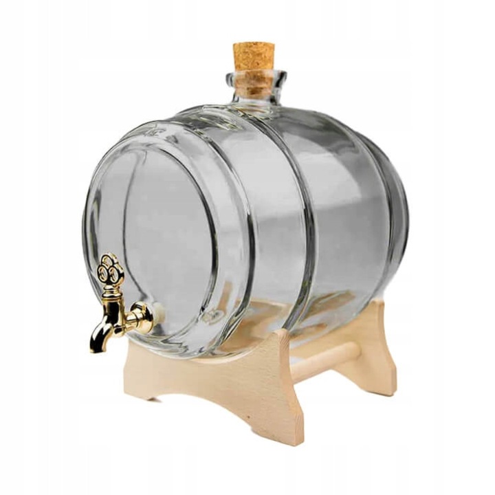 Butoi cu capacitate 2L, Bimberek, sticla, suport din lemn, pentru bauturi alcoolice si non-alcoolice