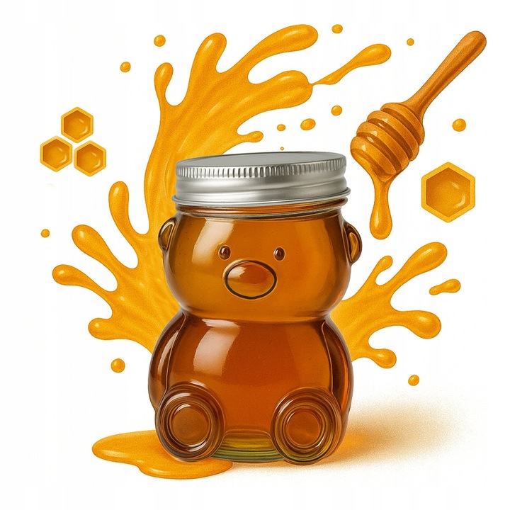 Set 5 borcane de sticla TEDDY cu capac metalic, Bimberek, transparent, pentru miere, gem, condimente, 8x5,5cm