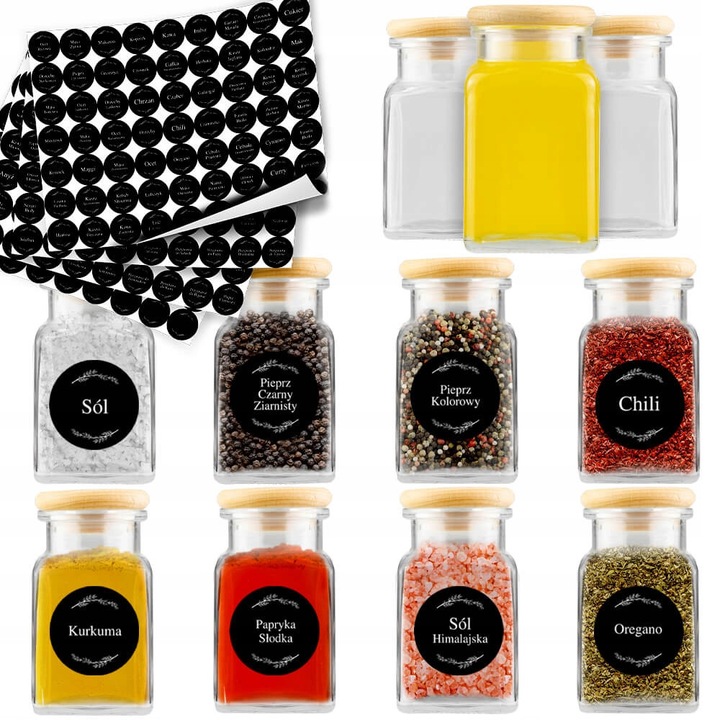 Set 20 recipiente cu capac din lemn 120ML si 252 etichete pentru condimente, Bimberek