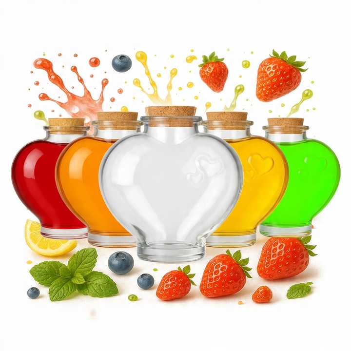 Set 5 Sticle Sticla LOVE 650ml, Forma Inima, Capac Din Lemn, 14x14cm