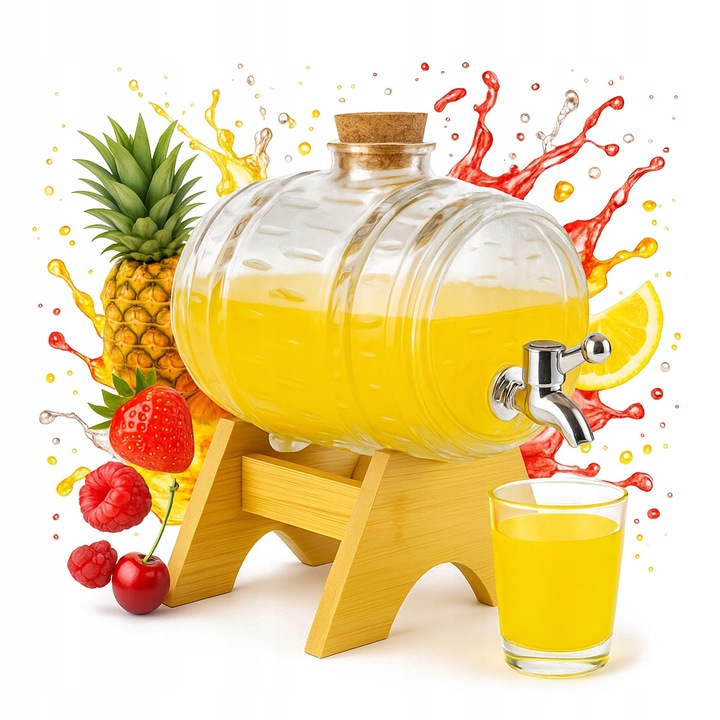 Butoi sticlă 3L Bimberek ANANAS, suport lemn, robinet metalic, dop plută