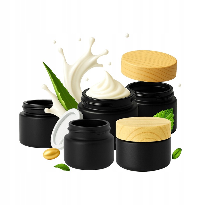 Set 20x recipiente din Sticla Negru Mat 10g cu Capac din Plastic Imitand Lemnul