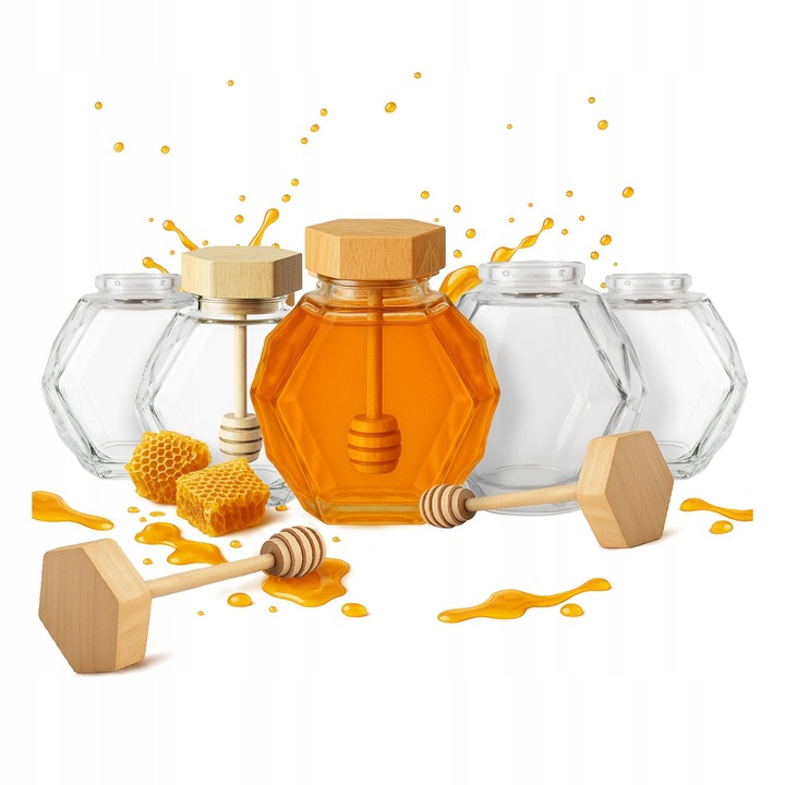 Set 20 Borcane Sticlă Bimberek MAJA 200ml cu Capac Lemn, Design Geometric, 9.7x8.5cm