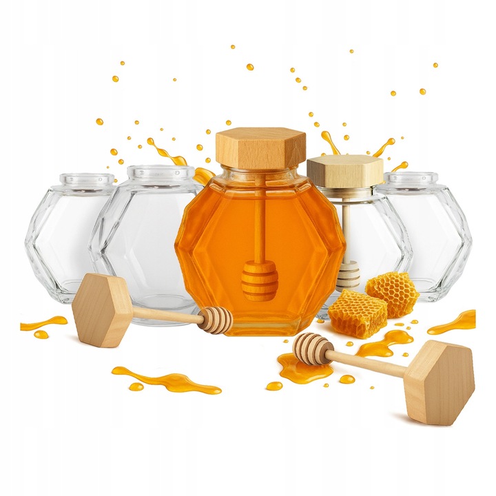 Set 20 Borcane Sticla Bimberek MAJA 380 ml cu Capac Lemn si Lingurita, Multicolor, 12,4x11cm