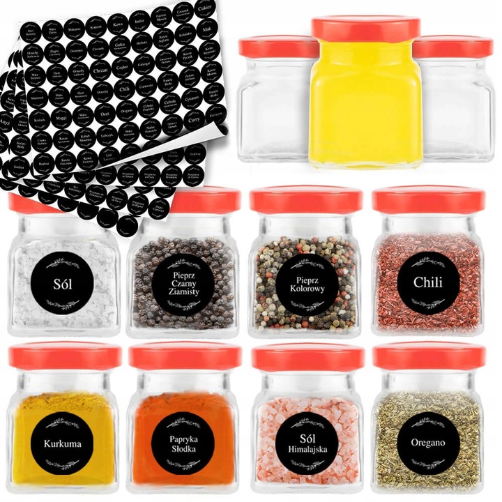 Set 20X borcane patrate 120ML cu capac, 252 etichete pentru condimente, alb/negru