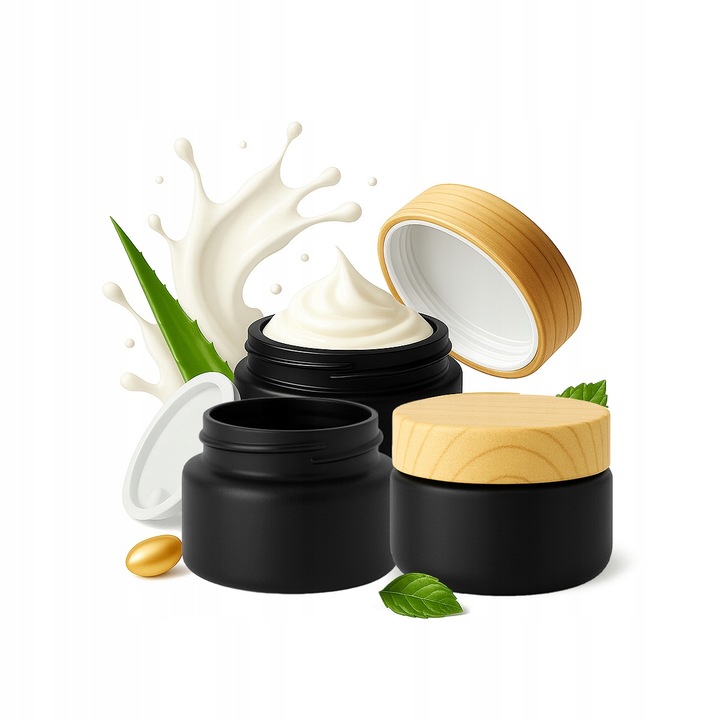 Set 20 borcane sticlă neagră mată 15g, capac elegant imitație lemn, 3, 5x4, 3cm