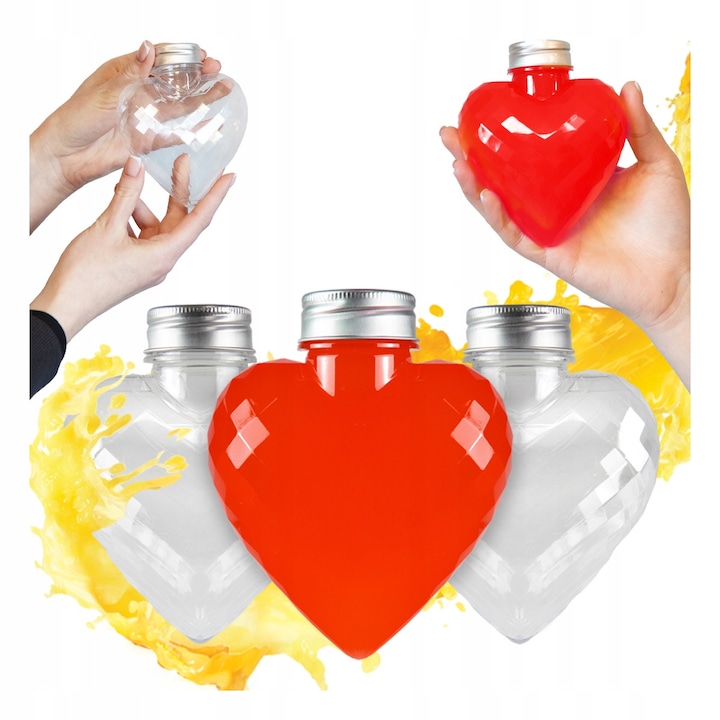 Set 5 Sticle Plastic Inima 300ml cu Capac Argintiu Marturii Nunta Cadou pentru Lichior Suc Apa Bomboane Decoratiuni